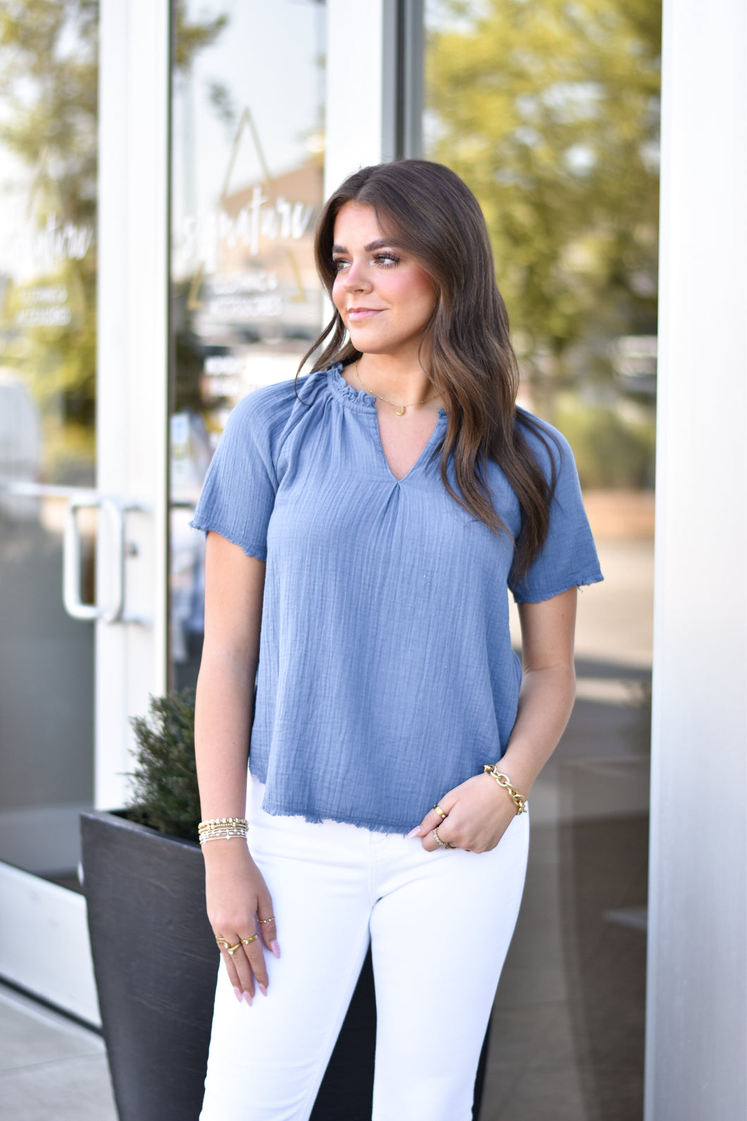 Split Gauze Top - Pacific